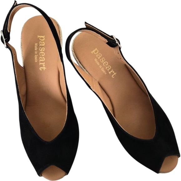 Paseart Black Leather Espadrille Wedge Sandals Womens Size 39 Slingback